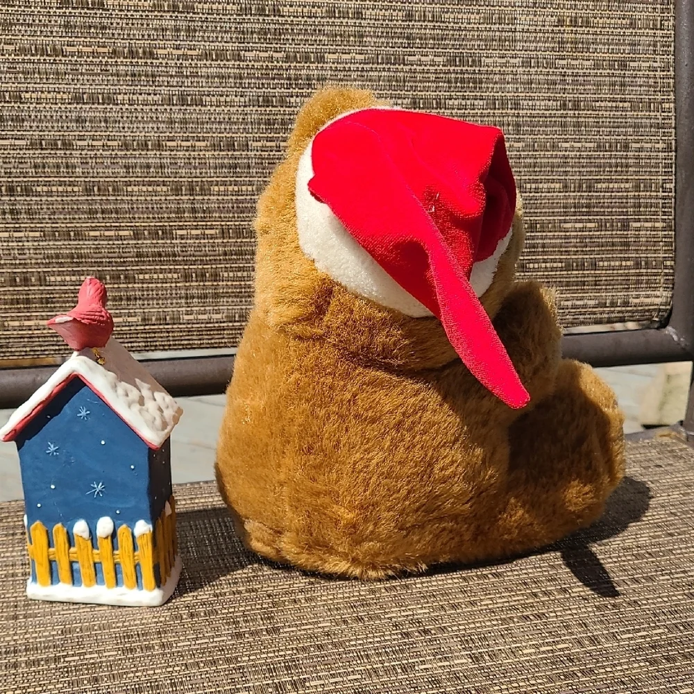 Vintage‎ Holiday Teddy Bear Santa Hat & Cermamic Bird House Bell Bundle
